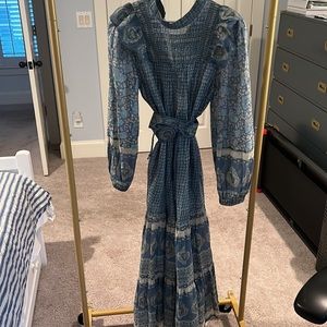 Sea Maxi Dress, blue and tan and gold floral.